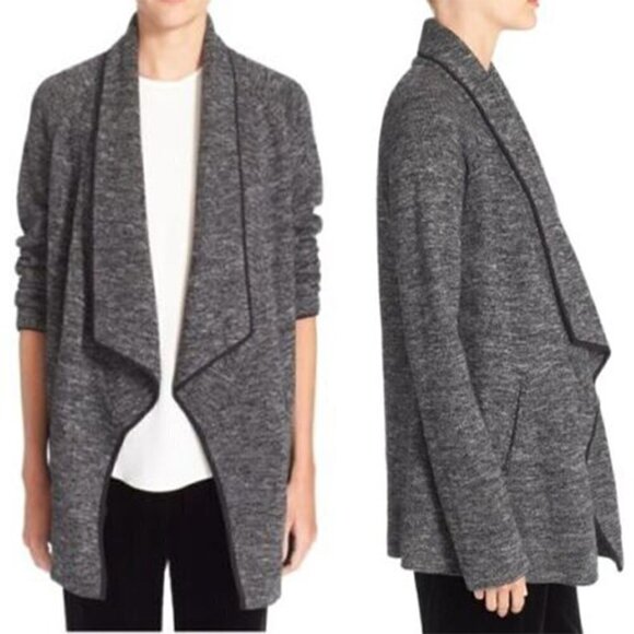 Theory Carileen Westade Waterfall Cardigan Sweater Jacket Black Gray Marl Large - Picture 1 of 9